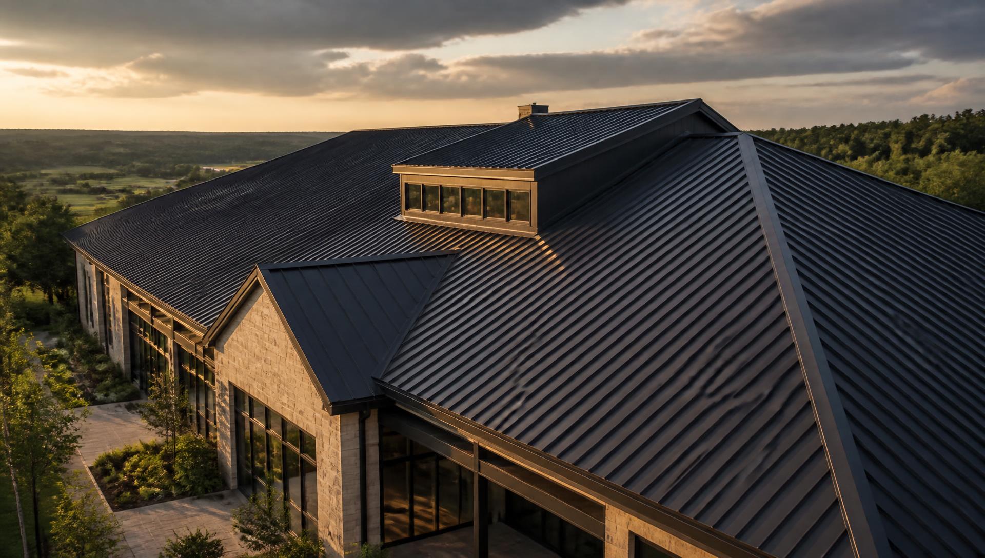 Dark standing seam metal roof on a modern commercial building at sunset